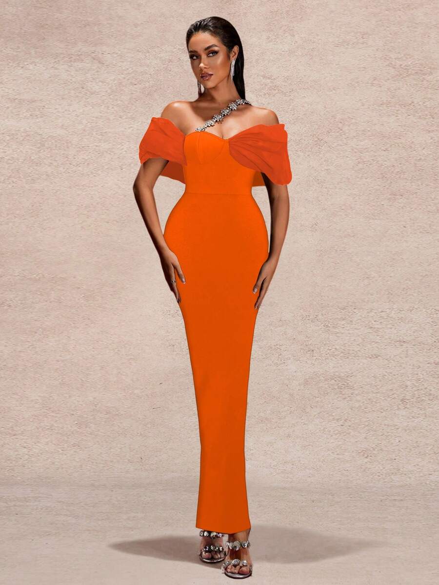 Stylish Women's Elegant Half Sleeve Rhinestone Asymmetrical Long Knitted Dress With Zipper For Party Other Wear