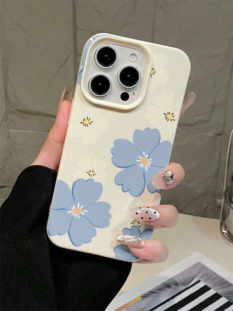 Estuche suave antideslizante moderno y avanzado con patrón de lichi de grandes agujeros en blanco y patrón de flores grandes en azul, compatible con Iphone 16Pro Max/14 Pro/13 Pro Max/12 y otras series, estuche protector anticaídas todo incluido creativo personalizado. - Multicolor - Ver 1