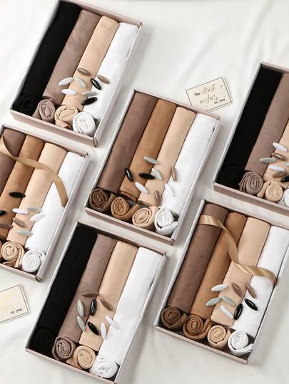 1 Box Solid Color Women's Headscarf Set (4 Pcs Jersey Hijab + 4 Pcs Hijab + 1 Box Of Pins), Muslim Turbans, Casual Outdoor Hijab, Breathable Shawl, Scarf Set, Gift Box, Holiday Gift