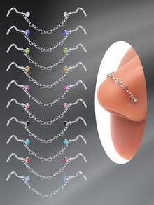 CIZME 3Pcs/Set Silver Rose Gold Nose Chain Piercing Across Nose Stainless Steel 20G L Bone Shaped Nose Ring Chains For Women CZ Nose Studs With Chains Nose Stud Chain Nostril Piercing Jewelry - Nose Chain - View 6