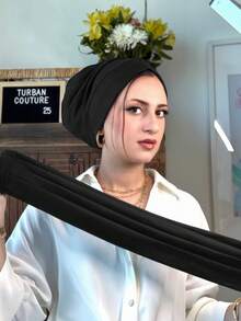 1 peça de lenço de cabeça e faixa de cabelo instantâneo clássico feminino 2 em 1, design plissado de alta elasticidade, resistente a arranhões, tecido de malha premium, absorvente de umidade e respirável, adequado para o dia a dia muçulmano e para ocasiões especiais. - Preto - Ver 4