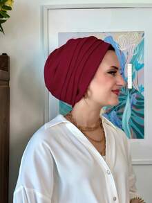 女士经典二合一速戴头巾/发带，高弹褶皱设计，吸湿排汗针织面料，适合穆斯林日常生活及外出着装。 - 酒紅色 - 查看 5