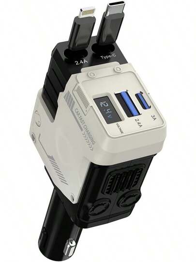 [2025 Upgraded]Retractable Car Charger 4 In 1, With 2 Cables, Supports Super Fast Charging(Max 66W), 2 USB Ports Car Charger Adapter For IPhone 16/15/14/13/12/11 Pro Max, Fold6/5/S25/24, Pixel (White)