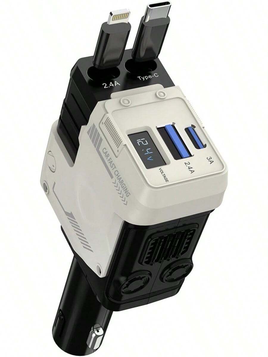 [2025 Upgraded]Retractable Car Charger 4 In 1, With 2 Cables, Supports Super Fast Charging(Max 66W), 2 USB Ports Car Charger Adapter For IPhone 16/15/14/13/12/11 Pro Max, Fold6/5/S25/24, Pixel (White) - 黑色 - 查看 1