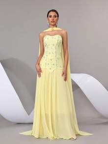 新款女士性感闪亮手工镶钻吊带长裙套装，露背修身长裙，优雅女士正式晚宴、婚礼、节日派对套装 - 黃色 - 查看 1