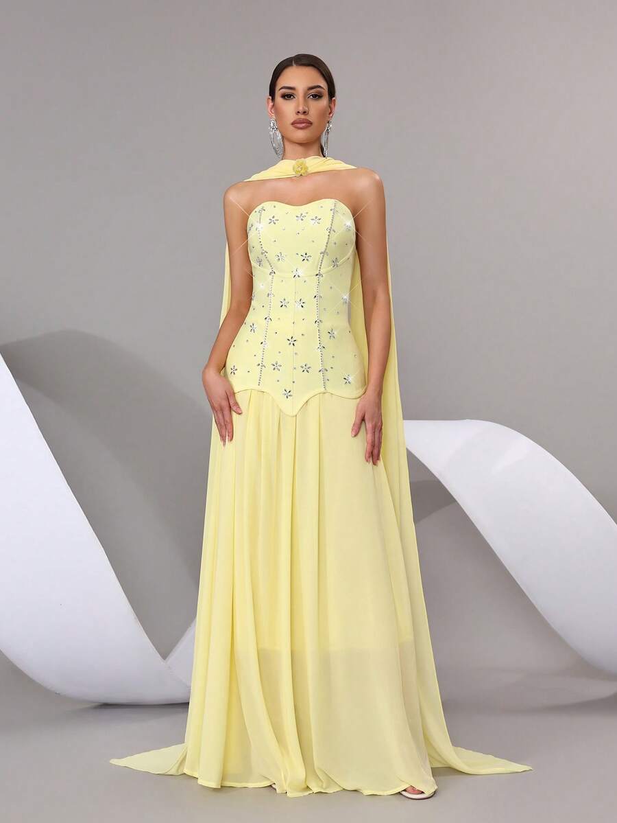 新款女士性感闪亮手工镶钻吊带长裙套装，露背修身长裙，优雅女士正式晚宴、婚礼、节日派对套装 - 黃色 - 查看 1