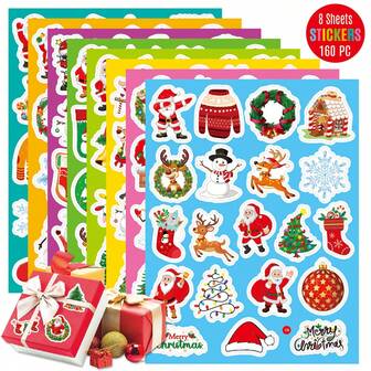 8 Sheets Cute Christmas Themed Shimmering Stickers, 160Pcs Vinyl Waterproof Christmas Stocking Stickers Gifts Tags, Reusable Fun Xmas Holiday Gifts Stickers For Girls Boys Teens, Christmas Party Favors Supplies, Christmas Stocking Filler