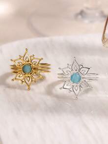 1 pieza Anillo de flor hueco de moda para mujeres y hombres, color dorado, de acero inoxidable con diseño geométrico, joyería estética para boda, regalo de pareja