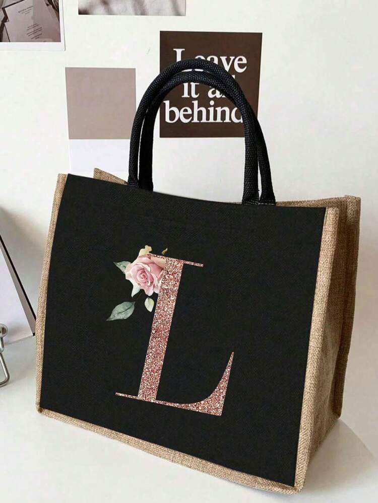 26字母印花手提袋，多功能便携印花手提袋，大容量耐用轻便手提袋，亚麻花卉图案字母印花手提袋 - 彩色 - 查看 5