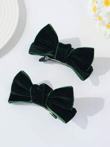 2pcs Elegant Cute Versatile Velvet 3D Bow Hair Clips For Girls - Dark Green - View 4