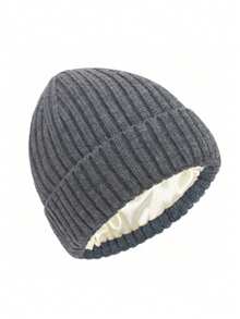 1 件男女通用罗纹缎纹内衬厚针织帽，纯色，保暖翻边滑雪帽，时尚情侣款，秋冬 - 彩色 - 查看 14