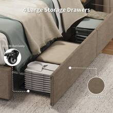 Modern Bed Frame, Full/Queen/King Size Platform Bed Frame With 4 Storage Drawers, Upholstered Corduroy Channel Tufted Headboard Bed Frame With Strong Wooden Slat Support, No Box Spring Needed - 棕色-大號 - 查看 6