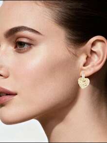 2pcs Luxury Copper Plated Gold Cubic Zirconia Decorated Heart Shaped Earrings For Women, Ideal For Wedding Events Valentine's Day Accessories - Gold - View 3