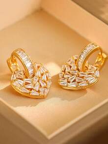 2pcs Luxury Copper Plated Gold Cubic Zirconia Decorated Heart Shaped Earrings For Women, Ideal For Wedding Events Valentine's Day Accessories - Gold - View 7