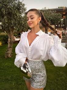 Women's Elegant Long Sleeve Collared Shirt, Button Front, Woven Fabric, Regular Length Top Spring - White - View 1