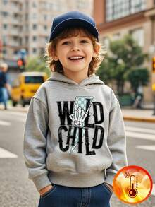 1pc Young Boy Casual Skull & Finger Print Pullover Hoodie Sweatshirt, Inspirational For Future Leaders, Thermal Lined, Autumn/Winter
