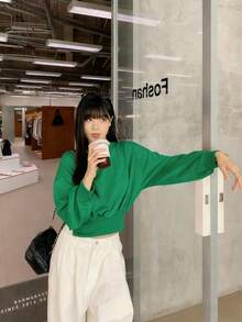 女式休闲纯色腰部抽绳纽扣设计灯笼袖运动衫，秋季 - 綠色 - 查看 3