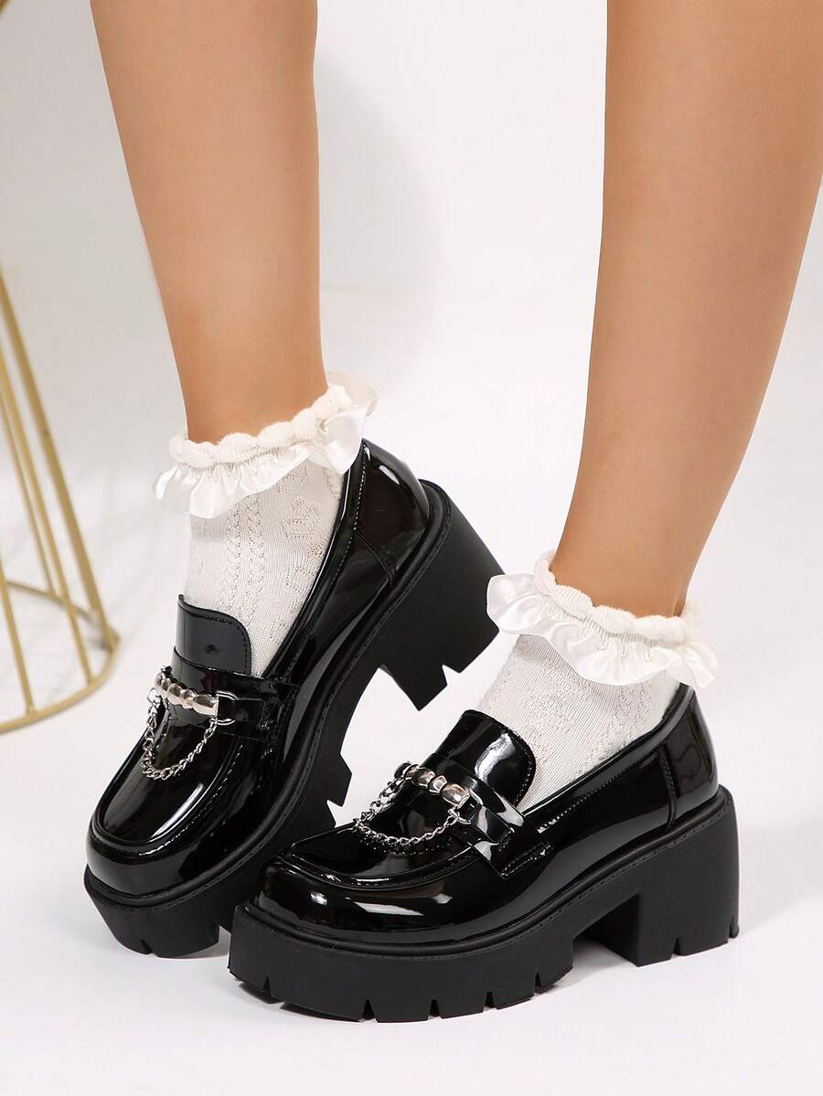 Thick-Soled Loafers For Women, Spring And Autumn Black Platform Shoes For Women, Versatile Metal Chain-Decorated Soft-Soled Comfortable Height-Enhancing Casual Shoes For Women, Niche Retro Preppy Style Patent Leather Shoes - 黑色 - 查看 1