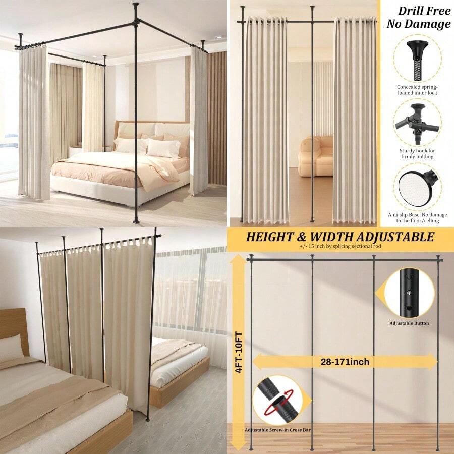 Room Divider Curtain Rod 28-171inch W 4-10ft(H) Adjustable Curtain Rod Divider For Room Separation Heavy Duty Floor To Ceiling Wall Divider Hanging Room Dividers Partition Space Separator Black - Black - View 1