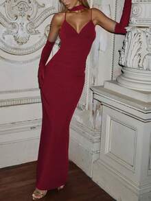 Vestido largo ajustado de mujer con tirantes finos y escote en V, color liso, elegante y sexy, para fiesta, noche y boda - Burdeos - Ver 4