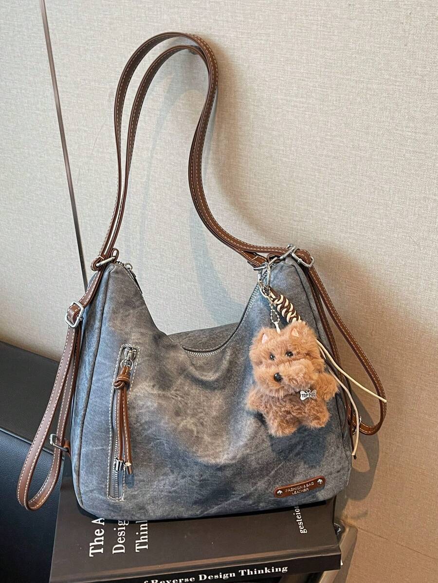 Merlard Retro 2025 磨砂质感大容量时尚百搭单肩包，高端沙滩包，托特包，购物包，大包，小众质感手提包，拉链双肩带斜挎包 - 藍色 - 查看 1