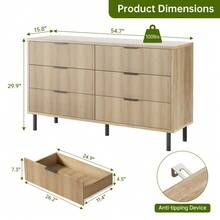 Wood Wide Double Dresser With Metal Legs And Handles, Fluted 6 Drawer Dresser, Modern Chest Of Drawers With Anti-Tipping Design For Bedroom Living Room, Hallway - 棕色 - 查看 2