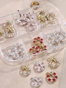 6件套圣诞美甲装饰品，金银蝴蝶结，镶嵌水钻和珍珠，圣诞圆形3D扁平美甲饰品，宝石可爱美甲装饰，美甲沙龙用品，DIY美甲 - 彩色 - 查看 5