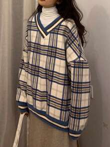 女士宽松V领复古格子长袖休闲卫衣 - 藍色 - 查看 2