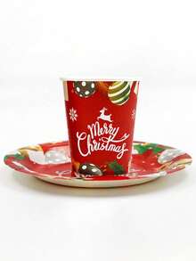 12 件圣诞主题一次性纸杯和盘子套装，圣诞节一次性纸杯和盘子 - 彩色 - 查看 9