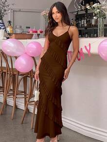 Women's Backless Bodycon Spaghetti Strap Elegant Ruffle Maxi Cocktail Party Dresses, 2025 QMO3 - Coffee - View 10