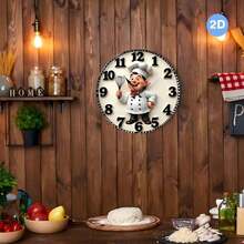 Happy Chef Wall Clock - Wooden Silent No Ticking, Fun Chef Design, Large Black Numbers With Beige Background, Suitable Kitchen, Living Room, Bedroom, Office Decoration - Valentine's Day (Batteries Not Included), Easy-To-Read Digital Wall Clock - 黑色 - 查看 7