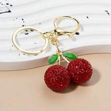 1pc Cute Rhinestone Studded Cherry Keychain, Metal Key Chain Ring Cartoon Gift - Multicolor - View 4