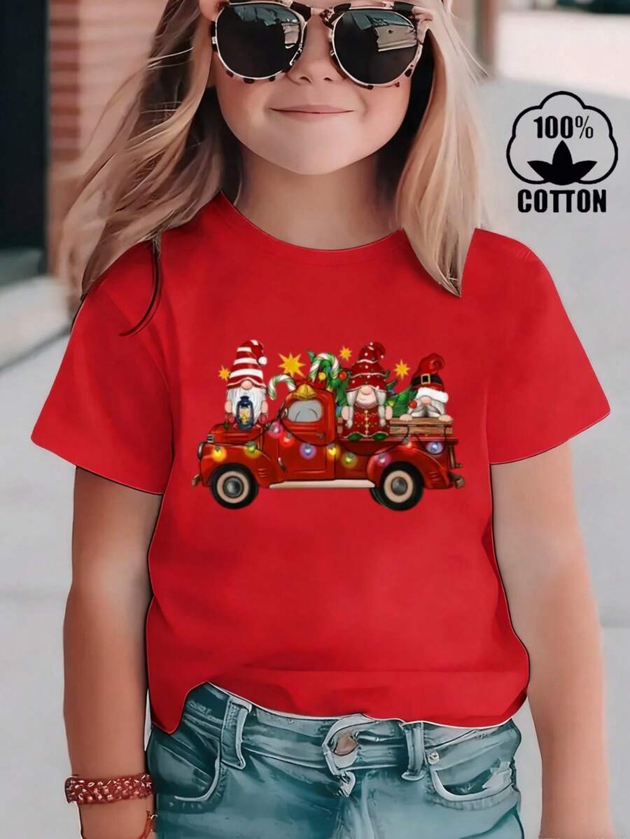 Esta nueva y moderna camiseta de manga corta 100 % algodón para niña luce un estampado navideño. Esta camiseta holgada, informal y versátil está confeccionada con un tejido suave y agradable para la piel de tu bebé. Ya sea para una reunión familiar, un evento escolar o una salida para jugar al aire libre, esta camiseta permite que tu hija se mueva con libertad y comodidad. - Rojo - Ver 1