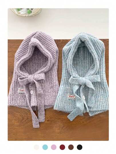 针织混纺拉法帽复古保暖针织拉法帽围巾，秋冬耳罩滑雪面罩女士无檐小帽，时尚高端混色针织拉法帽颈部保暖器