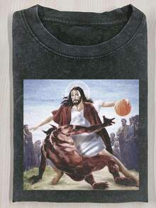 Men's retro washed vintage cotton T-shirt with Jesus fun print, easily suitable for daily casual wear, comfortable and stylish. - Negro - Ver 1