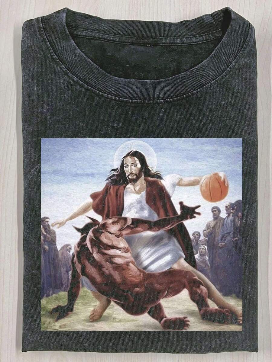 Men's retro washed vintage cotton T-shirt with Jesus fun print, easily suitable for daily casual wear, comfortable and stylish. - Negro - Ver 1