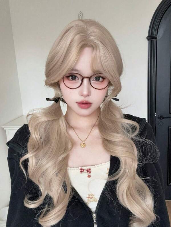 alicegarden Forehead Lace 4 * 1, Forehead Lace Curly Hair Wig, Mid Split Golden Long Curly Hair Wig, 30 Feet Long, Natural And Realistic Wig For Daily Use