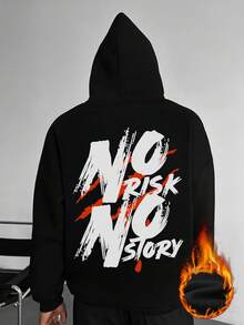 K-GLORY Men's "No Risk No Story" Slogan Print Thermal Lined Hoodie, American Street Style, Autumn/Winter - Black - View 3