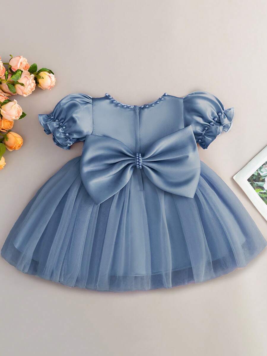 Grayish Blue Bow-Decor Tulle Dress, Birthday Party Baby Girl Outfit - Blue - View 1