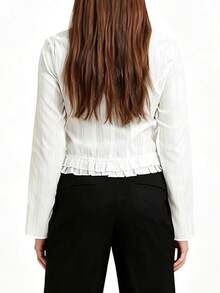 Women's Autumn Striped Tops Long Sleeve Round Neck Ruffle Trim Hem Casual Button Up Shirts - White - View 7