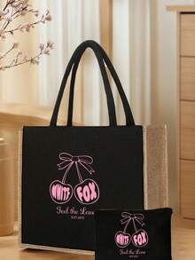 1/2pcs Ladies' Cherry Printed Handbag - Large Capacity Durable Linen Shoulder Backpack With Fixed Belt Design, Suitable For Shopping, Travel,Daily Use, Sturdy Structure,Durable Fabric, Printed, Machine Washable, Suitable For Work, School, Shopping, Birthdays, And Holiday Gifts, Women's Fashionable Handbag,Linen Tote Bag, Lightweight And Multifunctional, Suitable For Work, School Or Daily Use