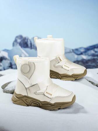 1 Pair Kids Winter High-Top Snow Boots, Warm Snow Boots With Water-Resistant Upper, Anti-Slip And Durable Sole, Soft And Comfortable, Suitable For Winter Outdoor Snow Activities, Fashionable White Color For Boys And Girls