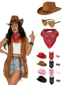 1 Set (Including Hat + Glasses + Scarf) Unisex Cowboy Hat, Suitable For Costume Parties, Includes Cowboy Hat With Buckle, Felt Hat, Funny Party Hat, Cowboy Accessories, 3 Bandanas, Suitable For Adult Cowboy/Western Costume Parties