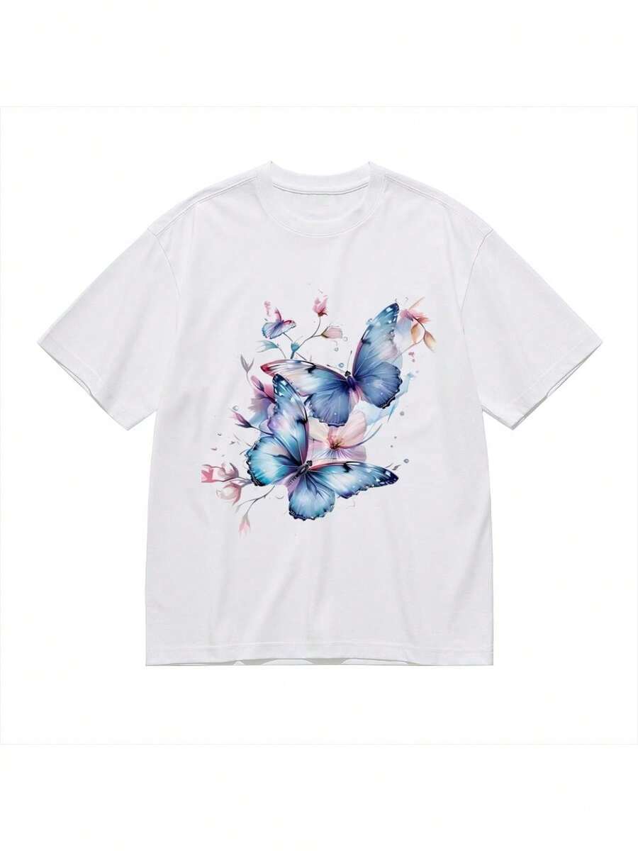 Camiseta de algodón de verano, camiseta casual para mujeres S con estampado de mariposa y flores en acuarela, cuello redondo, mangas cortas, tejido ligero, longitud regular, lavable aáquina, para usar en todas las estaciones, diseño transpirable y de secado rápido. - Blanco - Ver 1