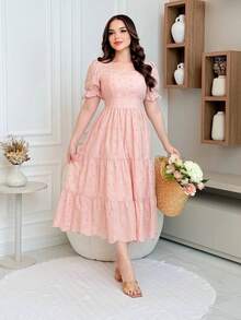 Elegant 3D Embroidered Laise Midi Dress In 100% Cotton With Puff Sleeves And Flared Skirt - Hồng phấn - Xem 1