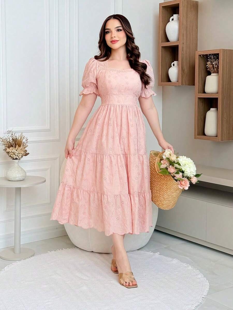Elegant 3D Embroidered Laise Midi Dress In 100% Cotton With Puff Sleeves And Flared Skirt - Hồng phấn - Xem 1