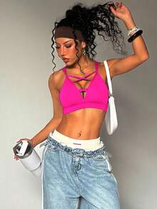 Women's Black Wireless Criss-Cross Knit Sports Bra - Hot Pink - View 6