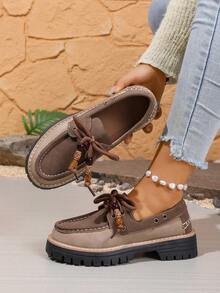 New Women's Loafers, Lightweight, Comfortable, Elegant, Fashion, British Style, Block Heel, Soft Sole, Slip-On Low-Top Shoes - Camel - View 4