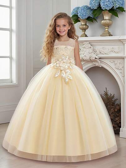 少女刺绣网纱优雅派对连衣裙，适合举办和参加正式活动，不含头饰