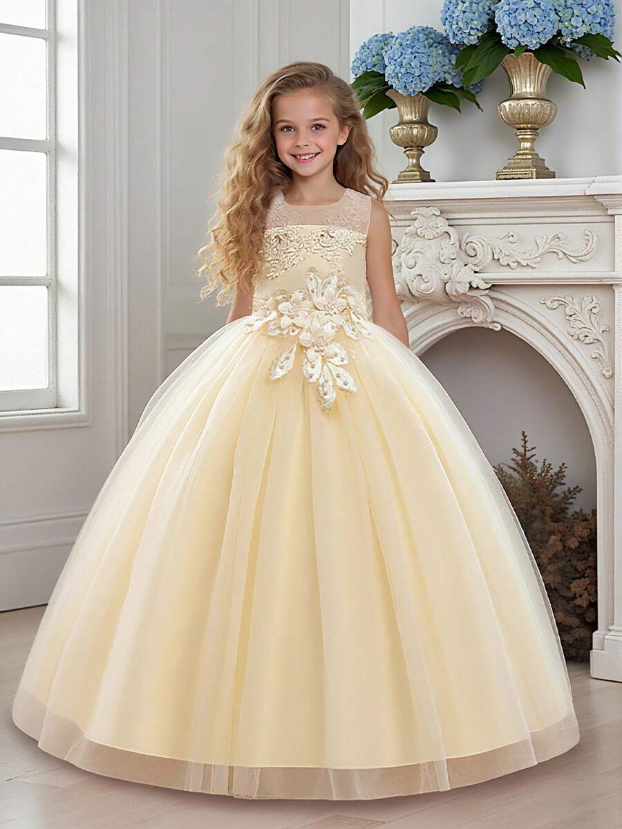 Tween Girls Embroidered Mesh Elegant Party Dress, Suitable For Hosting And Attending Formal Events, Excluding Headband - Rượu sâm banh - Xem 1